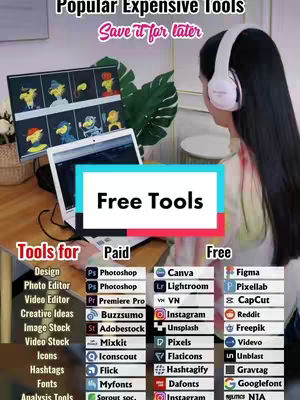 The cover image is a vertical composition. A woman with dark hair, wearing white headphones, is positioned on the right side, slightly out of focus. In the center is a list of free tools, set against a cyan/pink, rectangular backdrop. The woman's laptop and a computer screen are also visible, displaying animated illustrations of cartoon characters. The overall layout is designed to visually present information.