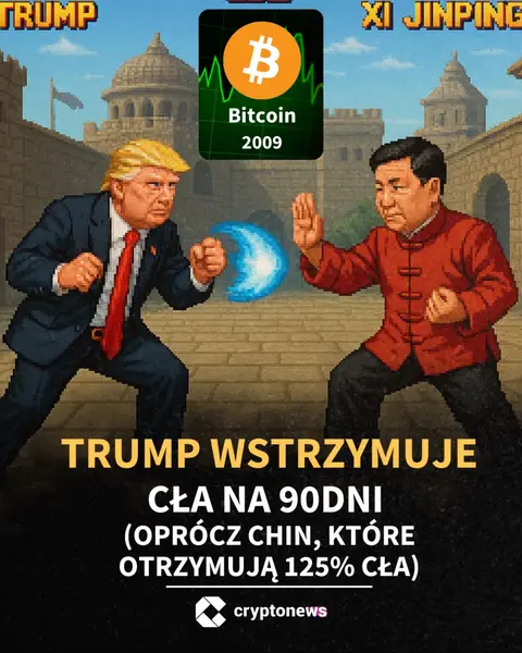 An artistic image depicting Donald Trump and Xi Jinping in a pixelated video game style. Trump, on the left, is in a suit, red tie, and clenched fist, appearing ready to fight. Xi Jinping, on the right, is in traditional Chinese attire. They face each other, with a Bitcoin logo in the center. Text overlays indicate the subject is about tariffs and economic policy.