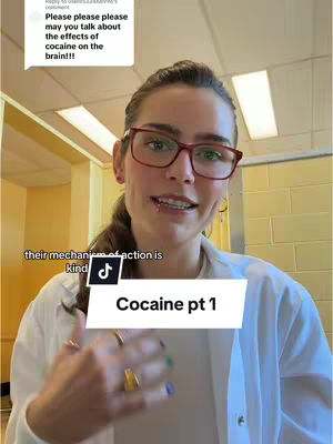 A woman with glasses and a lab coat smiles at the camera. Text overlays include a comment bubble and a title card.
