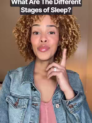 A woman with curly brown hair and a denim jacket points upward with her right index finger, looking at the viewer. Above her is a text overlay that reads 'What Are The Different Stages of Sleep?'