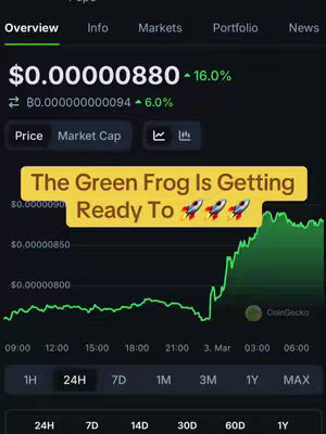 The image shows a cryptocurrency price chart with overlayed text. The chart background is black, with green lines indicating price movement. A yellow banner at the bottom of the chart highlights a rising price trend. Text overlay, in a yellow box, reads "The Green Frog Is Getting Ready To" followed by rocket ship emojis.