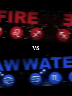 The image is divided into two sections. The top section has the word 'FIRE' in red letters above a set of red circular icons with zodiac signs. Below, the word 'WATER' in blue letters sits above a set of blue circular icons bearing more zodiac signs. A white 'VS' separates the two, and the background is dark, creating a high-contrast composition.