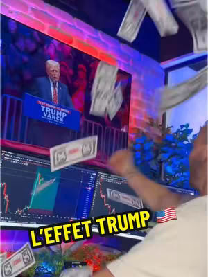 The image shows a man in the background speaking at a podium with 'TRUMP VANCE' written on it. Dollar bills are falling from the top with an american flag. In the foreground, a person, partially visible, throws dollar bills with screens showing trading charts. Text overlayed says 'L'EFFET TRUMP'.