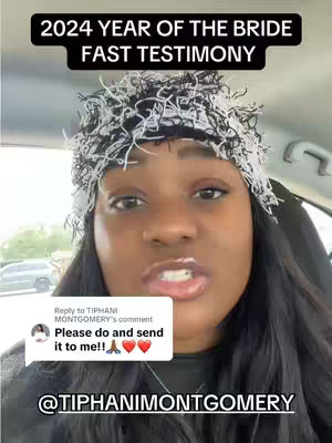 A woman in a car is the focal point of the image, with a black and white headwrap and a thoughtful expression. Text overlays at the top read "2024 YEAR OF THE BRIDE FAST TESTIMONY". A social media comment box with a request and an icon is at the bottom corner, with an account handle.
