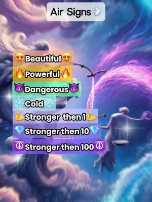 The image has a colorful, fantastical background with purple and blue swirls. In the foreground are several colored text boxes, each with a different description. There's also a silhouette figure holding scales, and the text "Air Signs" in a white box.