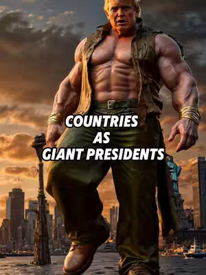 An AI-generated image depicts a muscular, imposing figure resembling a former U.S. President standing in a city setting. The figure is the main focus, with a physique exaggerated for effect. The style has a digital art aesthetic, with good lighting and color, creating a stylized action pose. The background shows a cityscape. Overall, the image is a creative blend of reality and fantasy.