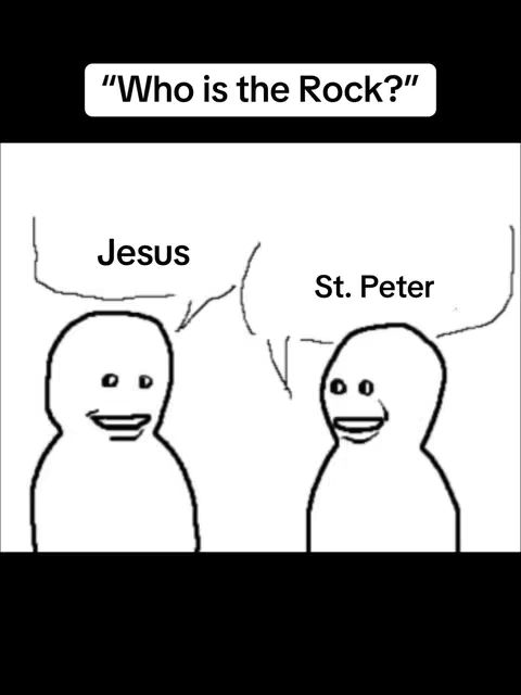 A black and white meme featuring two simplistic figures with large heads and blank expressions. Above them, speech bubbles identify them as \"Jesus\" and \"St. Peter.\" At the top, a rectangular banner states, \"Who is the Rock?\"