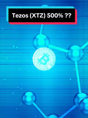 The image shows a blue background with a Bitcoin-like coin in the center of a network of connected spheres. A text overlay in a black box with red edges reads "Tezos (XTZ) 500% ??".