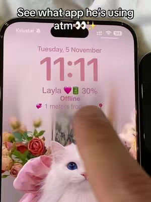 A phone screen displaying a widget interface with the time 11:11, a user name, a battery status, and other app data. The screen is being touched by a finger. In the background there is a cat image with flowers.