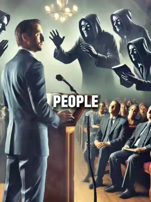 The image depicts a man speaking at a podium with an audience in the foreground. Behind the speaker, three hooded figures are visible, with dramatic lighting and a stylized, almost painterly quality, suggesting a focus on mystery or a significant revelation.