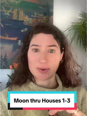 A woman with curly brown hair is in the foreground, speaking to the camera. Behind her is a colorful painting and a glimpse of a plant. A text overlay at the bottom reads "Moon thru Houses 1-3".
