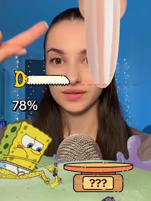 A selfie-style image features a woman's face centered, with animated elements overlaid. A cartoon saw is positioned above her nose, with a percentage overlayed at the bottom. The background has a mix of colors including blue with fairy lights.