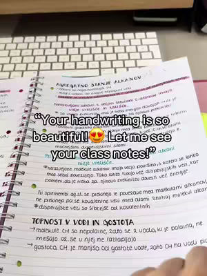 The image shows an open notebook with handwritten notes and a keyboard in the background. A highlighted text overlay reads, 'Your handwriting is so beautiful!! Let me see your class notes!'