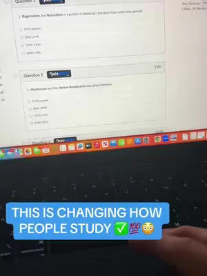 A laptop screen displays a quiz question on American Literature, with a blue text overlay reading 'THIS IS CHANGING HOW PEOPLE STUDY' and check mark, 100 emoji, and an emoji with a shocked face. The keyboard is black.