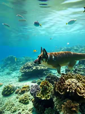 An underwater scene featuring a dog-like creature with a fish tail swimming amid coral and various fish. The background consists of bright blue water and the surface of water is visible at the top.