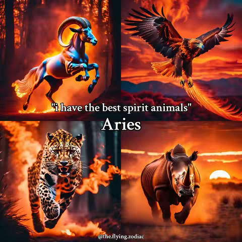 A collage of four images set against a fiery sunset backdrop. Each image features a different animal: a blue and white ram jumping in front of fire, an eagle in flight with fire streaming from its tail, a leopard running with fire, and a rhinoceros charging with fire on its edges. Text overlays include the phrase "I have the best spirit animals" and the name "Aries". The overall feel is dynamic, mythical, and vibrant.