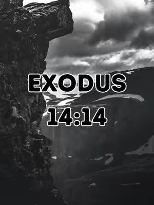 A black and white image of a mountainous landscape with clouds in the sky. Superimposed on the image is the text "EXODUS 14:14" in a bold, white font with a black outline.