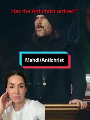The cover image is a split-screen presentation. The top portion features a man wearing a black hooded garment with the text overlay "Has the Antichrist arrived?" in red. Below this text, a colored rectangle states "Mahdi/Antichrist". The bottom screen depicts an individual looking at the camera, with a neutral expression