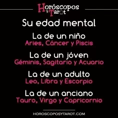 A black background with white and pink text. The top of the image has the words "Horóscopos y Tarot" in a stylized font. The main text divides the image into four sections labeled "Su edad mental". Each section lists a different age, followed by the zodiac signs associated with that age. The bottom of the image contains the website address "HOROSCOPOSYTAROT.COM".