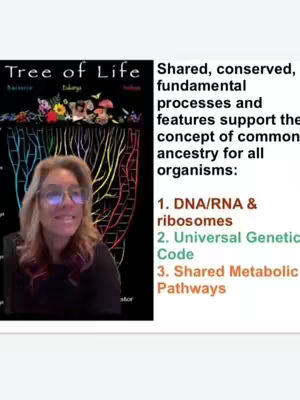 A woman with glasses is in front of a screen showing a Tree of Life diagram and information about common ancestry. The woman is smiling and talking to the camera. The overall composition is a mix of a talking head video with an educational slide.