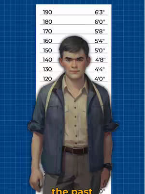 An illustrated man stands in front of a height chart. The man is wearing a button-down shirt under a jacket, and the background is a gradient blue grid. The height markers are in both centimeters and feet/inches.