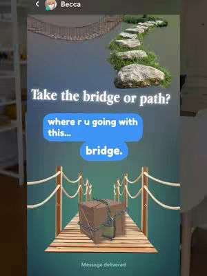 The image is a digital illustration featuring a sky-blue background. At the top, on the left, a stylized bridge made of dark wooden planks with rope railings extends diagonally. On the right, a path of stepping stones winds upwards towards the top of the image through a grass field. In the center, a lower wooden bridge is depicted, with a locked box on the bridge. Overlaying the image are text elements in white and light blue speech bubbles. The overall composition suggests a narrative of choices.