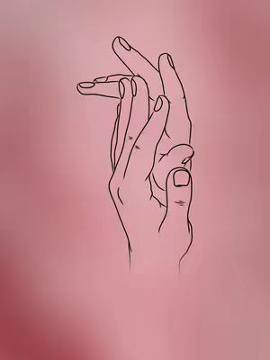 A minimalist illustration featuring two hands intertwined. The hands are drawn in black outline against a soft, blurred pink background. The composition focuses on the gesture of touch and connection.