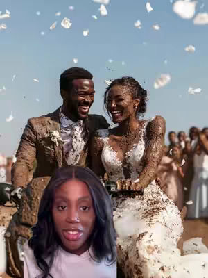 The cover image features a smiling woman in the foreground, superimposed over a photograph of a wedding scene. The wedding photo includes a laughing couple covered in what appears to be mud, with confetti falling around them. The woman in the foreground is also smiling, with her mouth open. The composition is a mix of vertical and horizontal lines, with a focus on the facial expressions of all the subjects in the picture.