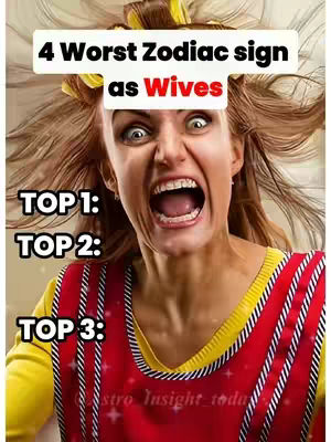 The image features a woman with wide eyes and an open mouth, conveying a sense of shock or surprise, possibly fear or anger. Above her head is a white bar with the text '4 Worst Zodiac sign as Wives' in a bold font type. Below the text, there are labels 'TOP 1:', 'TOP 2:', and 'TOP 3:' in large, white text. The woman is wearing a red top with a yellow collar.