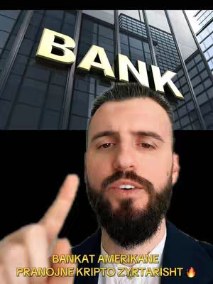 A split image showing a man pointing his finger, with a building with a "BANK" sign in the background. Below the man, the text reads, "BANKAT AMERKANE PRANOJNE KRIPTO ZYRQTARISHT".