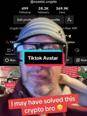 The cover image is a selfie-style shot with the creator's upper body visible. He's wearing glasses, a beanie, and a maroon-colored shirt or jacket. The background appears to be the creator's TikTok profile page. Two overlaid text boxes are present: one says 'TikTok Avatar' and another says 'I may have solved this crypto bro'.