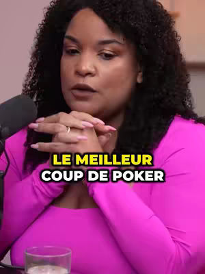 The cover image shows a woman with curly dark hair, wearing a bright pink long-sleeved top, and a subtle light pink nail polish. She is positioned indoors, possibly in a studio. A microphone is visible to her left, suggesting an interview setting. The words 'LE MEILLEUR COUP DE POKER' are in a white font with a yellow outline.