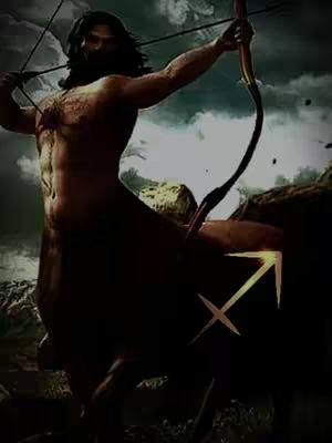 An artistic rendering of a centaur archer, half-man and half-horse, with a bow drawn back, aiming. The background is a blurred, dark landscape with what appears to be a stormy sky. The Sagittarius symbol is visible on the centaur's flank