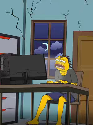 An animated image shows a yellow-skinned, reptilian-like character sitting in front of a computer, looking distressed. The character is in a room with a computer desk, a window, and some wall cracks. The scene suggests the character is under stress.