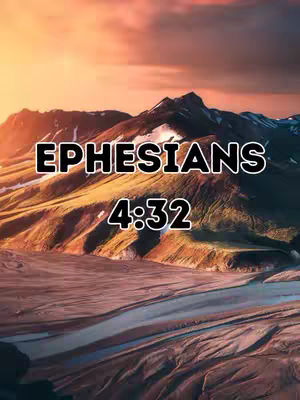 The image is a landscape view featuring a mountainous terrain with a text overlay. The background consists of a gradient of warm colors, transitioning from orange to dusky pink, suggesting either a sunrise or sunset. The foreground showcases a set of large mountains, with their peaks and slopes highlighted by the light, revealing some patches of snow or white areas. The text overlay is positioned centrally, with the words 'EPHESIANS' in a bold, sans-serif font, stacked above the number '4:32,' also in the same font style. The overall composition is designed to evoke a sense of peace and contemplation, likely intended to accompany a religious or inspirational message.