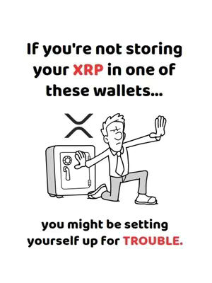 A stark, cartoon-style image on a white background, featuring a man in a tie and white shirt kneeling in front of a safe. He is holding out his hand in a 'stop' gesture. Above the safe, the XRP symbol is present.