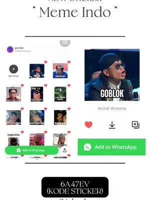 The cover image is a vertical collage, primarily light-colored, showcasing various sticker examples. The top section has the text "NEW STICKER" above "Meme Indo" in a decorative font.  A grid of smaller sticker images is on the left, each a different meme. On the right, a person in a hat and sunglasses with text "GOBLOK" below the image.  The bottom section features text indicating a sticker code. The overall layout is clean and designed to represent stickers.