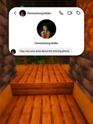 The image shows a simulated text message conversation. On top of a Minecraft-style background of wooden planks and brick, there is an outline of a phone screen. Inside the screen, a chat with one user, Fermentirung Müller, and another, showing a profile picture, a message, "Hey, saw your post about the missing phone."