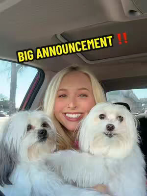 A young woman with blonde hair sits in a car and smiles at the camera while holding two small white dogs. The image is framed from the chest up, and the background is out of focus, but appears to be the interior of a car with a window showing outside scenery. A text overlay at the top says 'BIG ANNOUNCEMENT !!' in yellow text with a black outline.