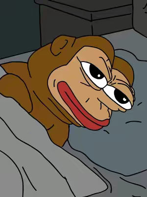 An animated image of a cartoon monkey-like creature lying in bed, partially covered by a gray blanket. The creature has brown fur, a light tan face with exaggerated features: large, dark eyes looking upwards, a prominent brow, and a wide, red mouth. The creature's expression appears to be annoyed or grumpy. The background is a dark gray, suggesting a dimly lit room.