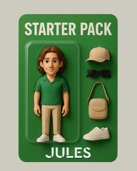 The cover image showcases a visual 'starter pack' displayed on a green background. The composition features a plastic blister pack design, suggestive of a toy package. Inside a clear plastic enclosure, a cartoon figurine of a young man with brown hair and a green polo shirt stands. Beside the figurine, there are mini versions of accessories: a baseball cap, sunglasses, a crossbody bag, and sneakers. The overall aesthetic is clean, with vibrant colors and a playful style, suitable for a product or promotional video. The text overlay includes the words 'Starter Pack' across the top and 'JULES' at the bottom.