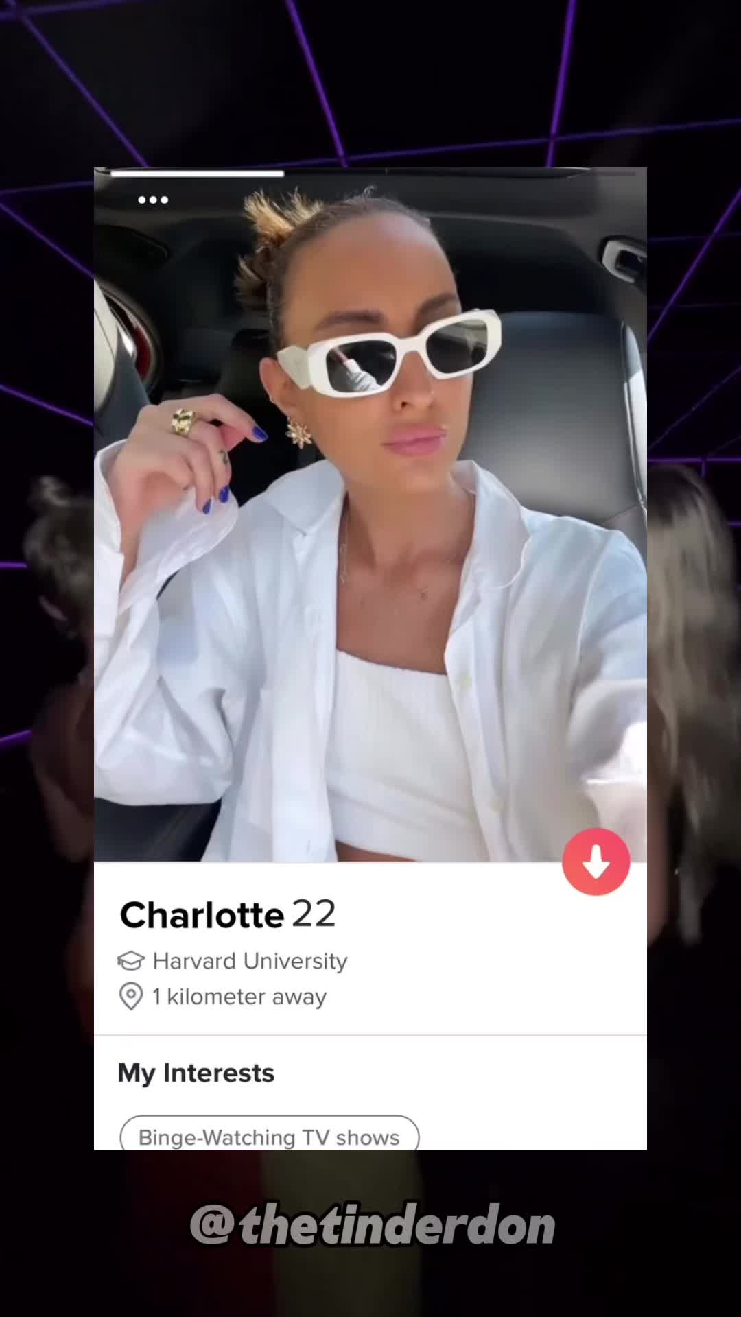 The image shows a woman in a car, wearing sunglasses and a white shirt. The lower portion of the image has an app profile styled frame.