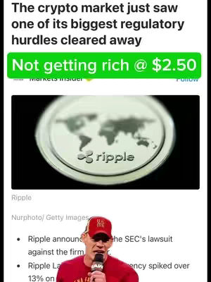 The image is a screenshot of a news article discussing cryptocurrency, overlaid with a man speaking into a microphone. The upper third of the image contains text declaring that the crypto market saw regulatory hurdles cleared and a green block with the text 'Not getting rich @ $2.50'. Below, a screenshot of a Ripple coin is seen, with the 'Ripple' logo underneath. And a man in red shirt and red hat appears at the bottom, speaking into a microphone.