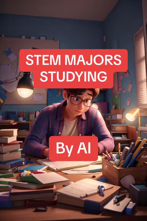 An animated image depicts a young man with glasses sitting at a desk, engrossed in studying. The scene includes papers, books, and various study materials, set against a backdrop of a blue-walled room with a window.