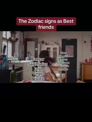 The cover image shows a kitchen scene with a person standing in the middle. There are text overlays with the title 'The Zodiac signs as Best friends', and lists of zodiac signs. The layout features the title at the top, with lists of zodiac signs on either side.
