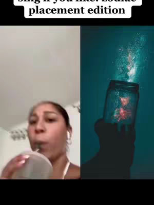 The cover image is split into two vertical sections. On the left, a woman is shown in a selfie style, appearing to be drinking from a cup with a straw. On the right, a digitally altered image shows a person's hand silhouetted against a dark background, holding a jar. Inside the jar is a vibrant, glowing scene that resembles a nebula. The top of the image has the phrase "sing if you like: Zodiac placement edition"