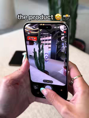 The cover image shows a person holding a phone with the camera app open, pointing toward a cactus. The overlay text reads 'the product' with a smiling face emoji and a camera emoji. The phone is surrounded by the person's hands, and the background is slightly blurred.