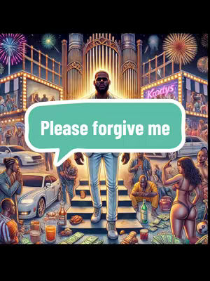 An AI-generated artwork featuring R. Kelly walking down a set of stairs. A speech bubble saying "Please Forgive Me" is overlaid on the image. Fireworks and a luxurious setting are in the background.
