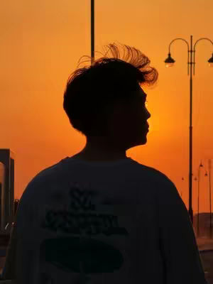 A silhouette of a person facing away from the camera, standing against a vibrant orange sunset. The person appears to be a young man, wearing a white t-shirt with a black graphic on the back. The silhouette is crisp, with the details of the hair and clothing visible. Two lampposts are visible on the right side.