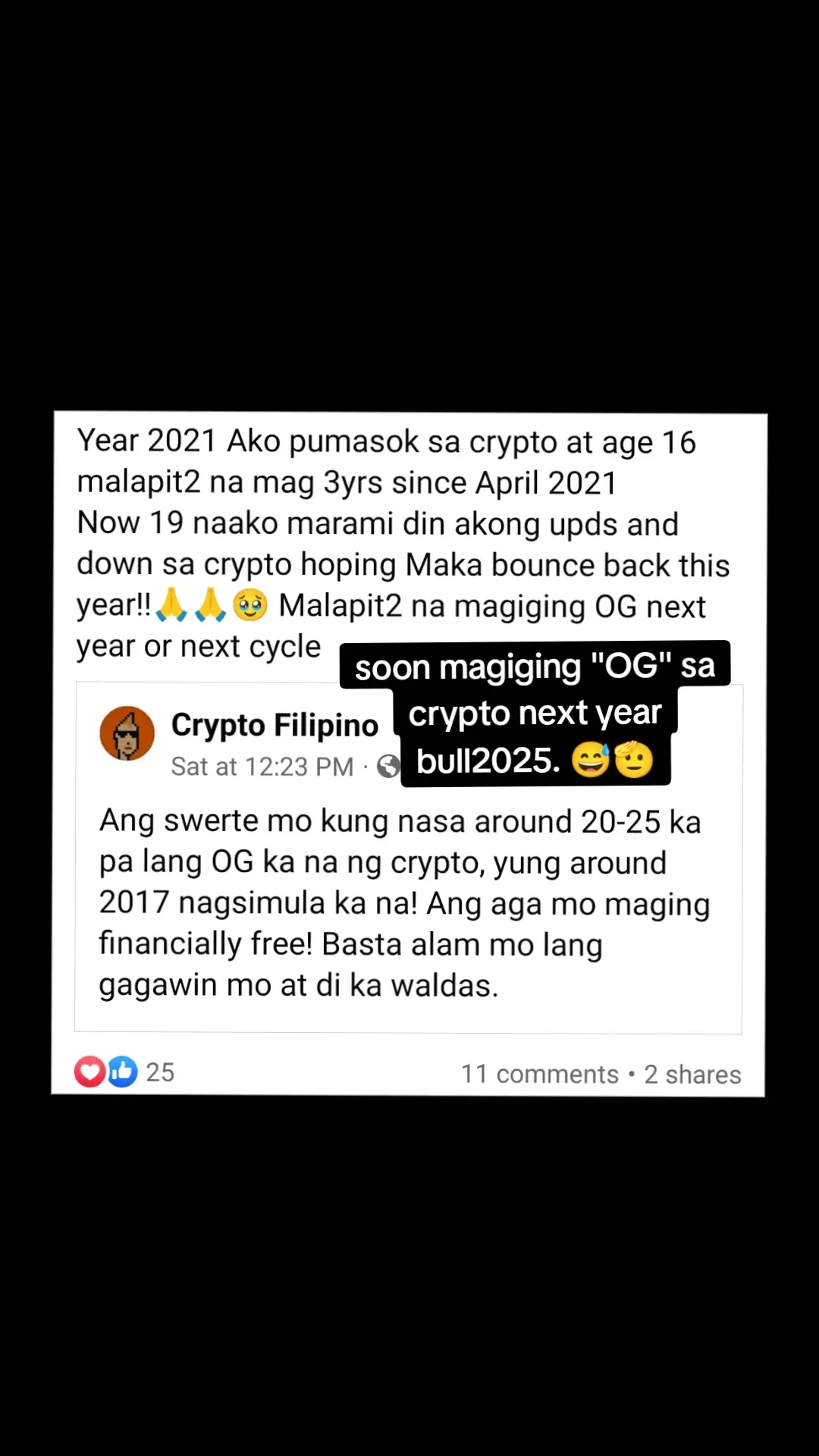 The image shows a shared Facebook post displaying text and the Crypto Filipino profile, alongside the text content, includes a profile picture that has some text information such as likes, comments and shares.